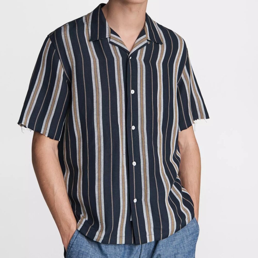 rag & bone Avery Linen Blend Shirt Navy Stripe Button Down Large